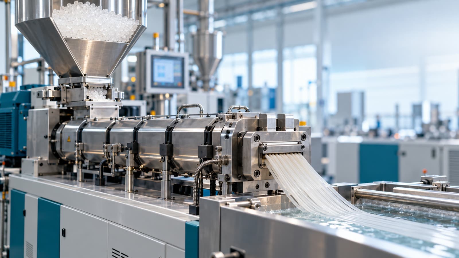Polymer extrusion line processing plastic strands
