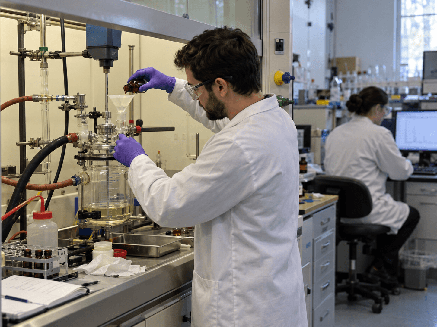 Chemists developing a synthesis at a laboratory bench