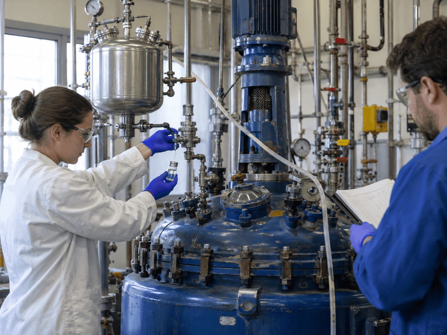 Chemists monitoring an industrial synthesis reactor